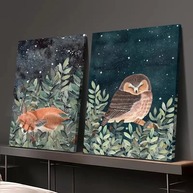 2pcs Decorative Painting, Nocturnal Animals, Cute Style Canvas Framed 50x75cm - High Quality Print 100% Australian Made Wall Canvas Ready to Hang - Bella Home Decor