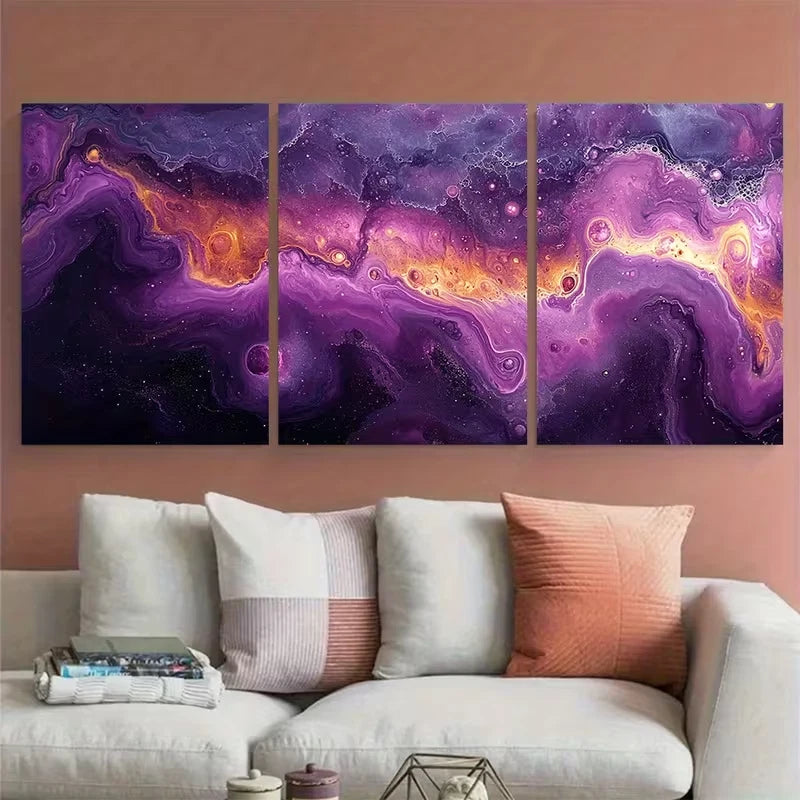 3pcs Abstract Intense Violet Fluid Marbling Metal Print Ready to Hang Art
