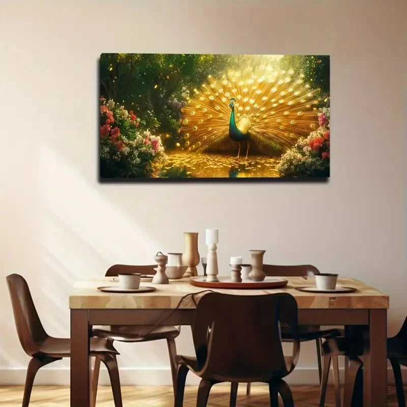 Majestic Peacock With Golden Wall Art Canvas Office Home Room Framed 120x60cm - Bella Home Decor