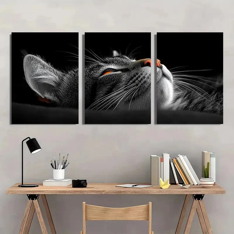 3pcs Black and White Whimsical Cat Wall Art Set Canvas Framed 50x70cm - High Quality Print 100% Australian Made Wall Canvas Ready to Hang - Bella Home Decor