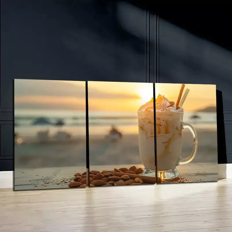 3pcs A Refreshing Drink By The Beach At Sunset Wall Art Set Canvas Framed 50x70cm - High Quality Print 100% Australian Made Wall Canvas Ready to Hang - Bella Home Decor