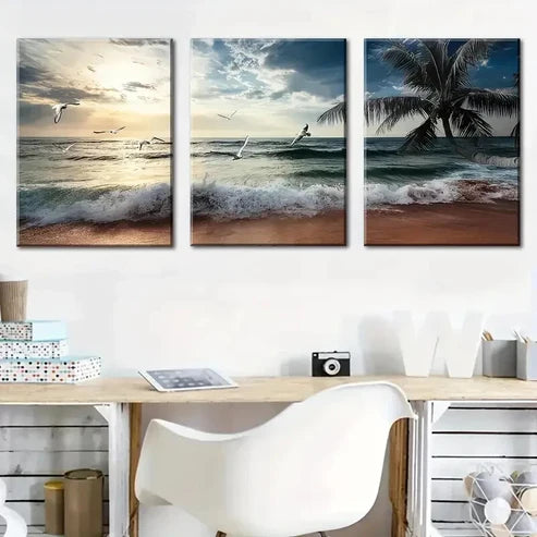 3pcs Beach Sunset Seagulls Décor Wall Art Canvas Unframed - High Quality Print 100% Australian Made Wall Canvas - Bella Home Decor