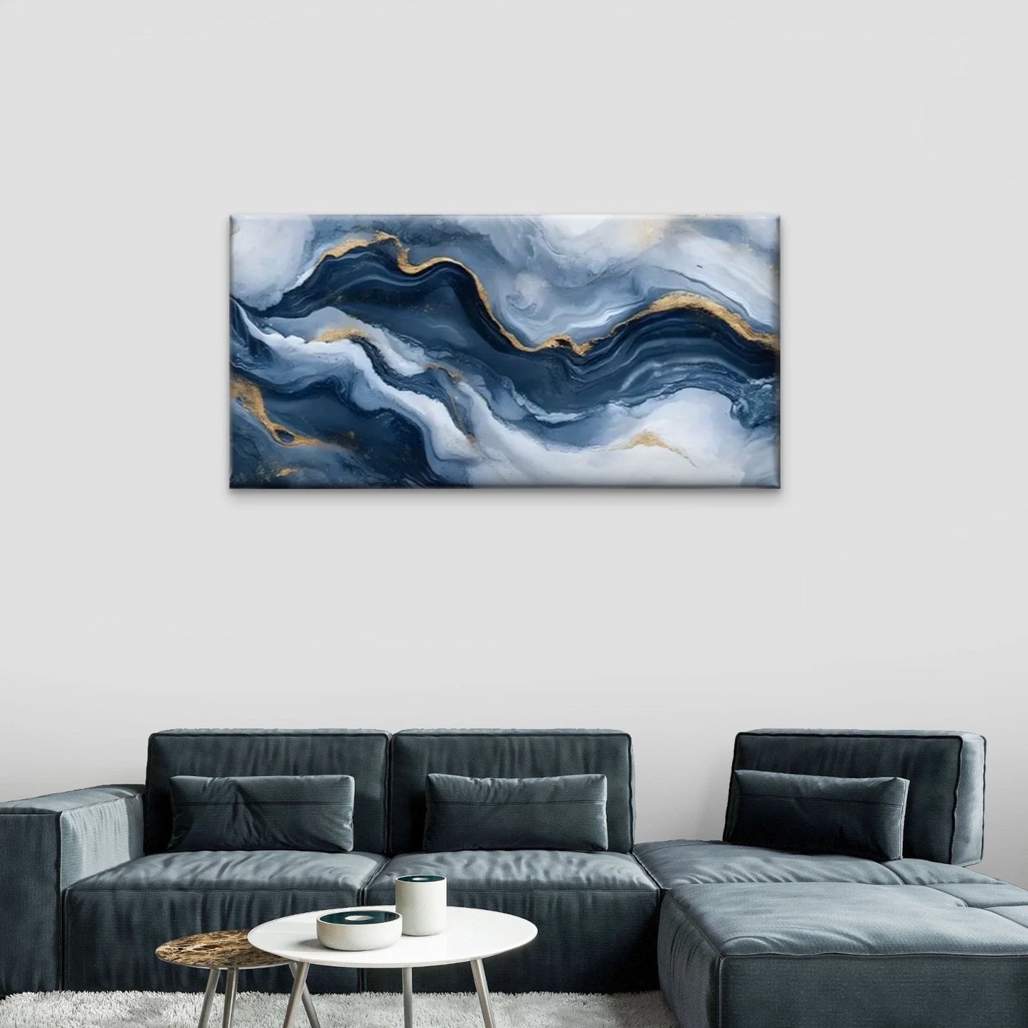 Blue And Golden Marble Abstract Wall Art Canvas Office Home Room Framed 120x60cm
