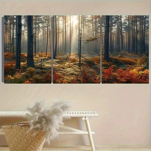 3pcs Autumn Forest Morning Light Wall Art Set Canvas Unframed - High Quality Print 100% Australian Made Wall Canvas - Bella Home Decor
