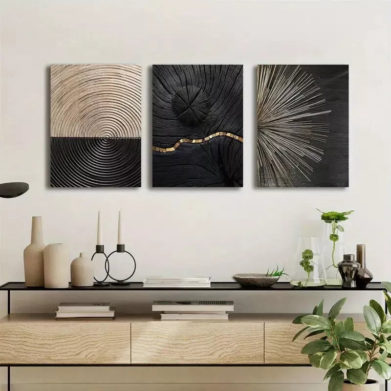 3pcs Luxury Black & Golden Wood Grain Canvas Framed 40x60cm - High Quality Print 100% Australian Made Wall Canvas Ready to Hang - Bella Home Decor