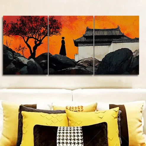 3pcs Vibrant Sunset Scene with Silhouette Figure Wall Art Set Canvas Unframed - High Quality Print 100% Australian Made Wall Canvas