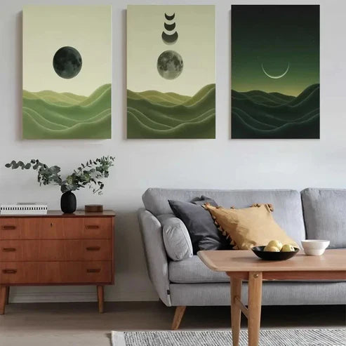 3pcs Moon Phases, Green Mountains Wall Art Set Canvas Unframed - High Quality Print 100% Australian Made Wall Canvas
