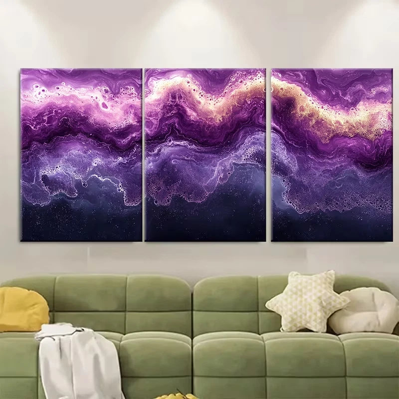 3pcs Vibrant Abstract Violet Marble Metal Print Ready to Hang Art