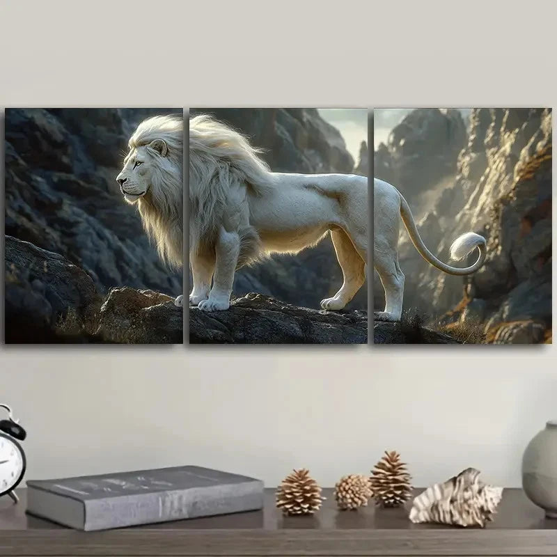 3pcs Majestic White Lion Hangable Designs Wall Art Set Canvas Framed 60x90cm - High Quality Print 100% Australian Made Wall Canvas Ready to Hang