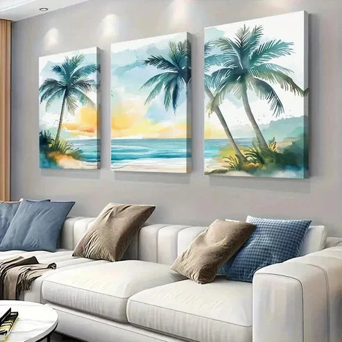 3pcs Tropical Palm Trees Theme Beach Decor Wall Art Set Canvas Unframed - High Quality Print 100% Australian Made Wall Canvas