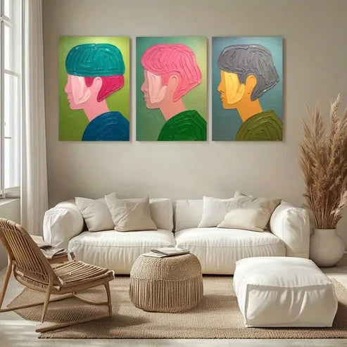 3pcs Teal, Pink, Gray Heads Wall Art Canvas Unframed - High Quality Print 100% Australian Made Wall Canvas
