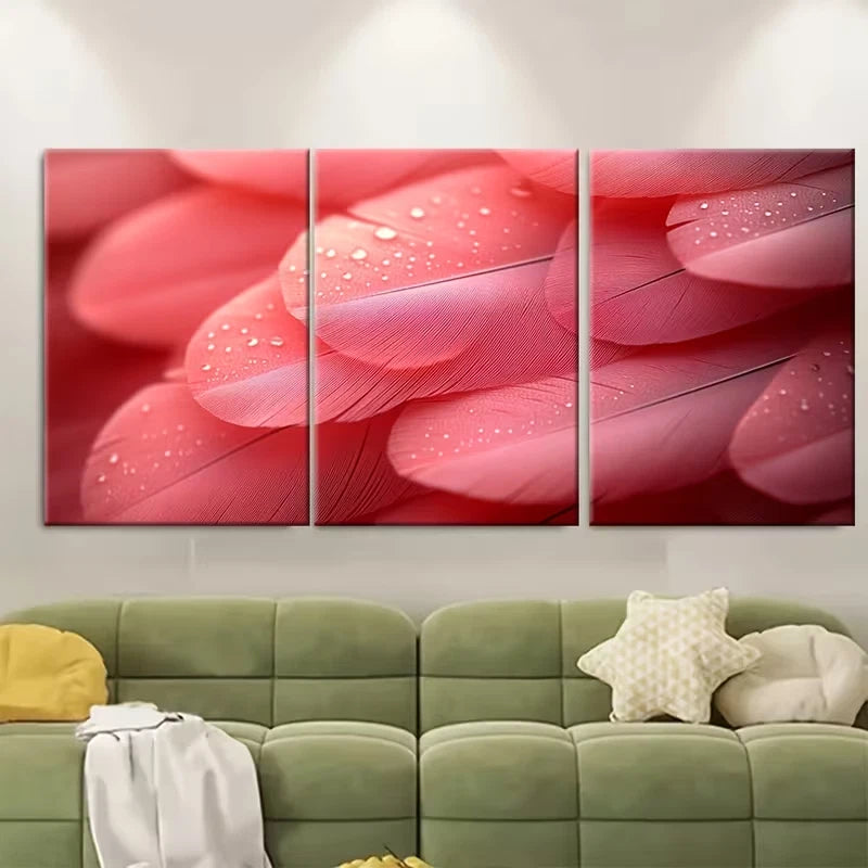 3pcs Pink Feather Macro Photography Abstract Metal Print Ready to Hang Art