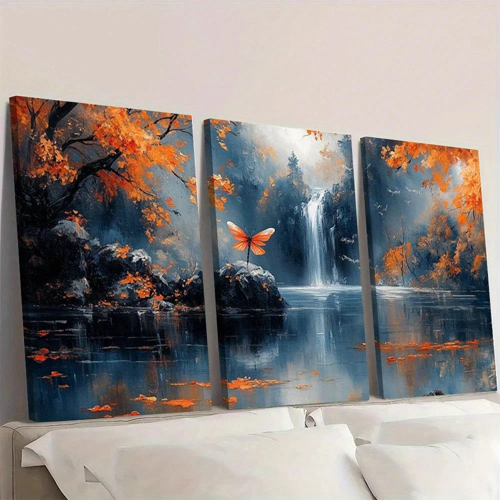3pcs Autumn Forest Waterfall Scene Dragonfly Wall Art Set Canvas Framed 50x70cm - High Quality Print 100% Australian Made Wall Canvas Ready to Hang