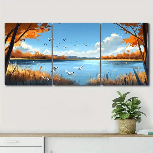 3pcs Peaceful Autumn Scenery Blue Sky Perfect Wall Art Canvas Unframed - High Quality Print 100% Australian Made Wall Canvas