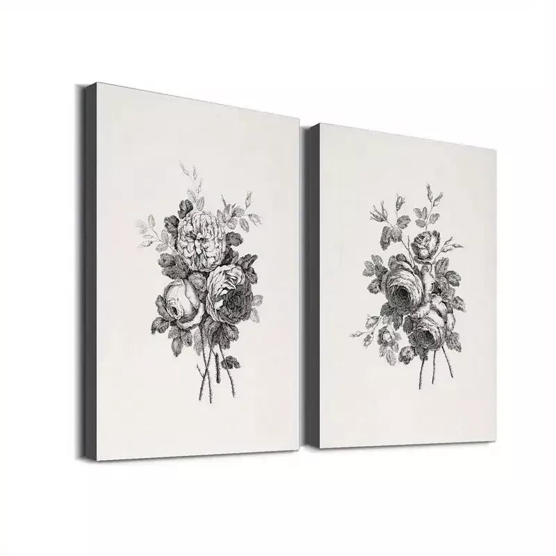 2pcs Vintage Floral Classic Modern Black and White Framed 50x75cm - High Quality Print 100% Australian Made Wall Canvas Ready to Hang - Bella Home Decor