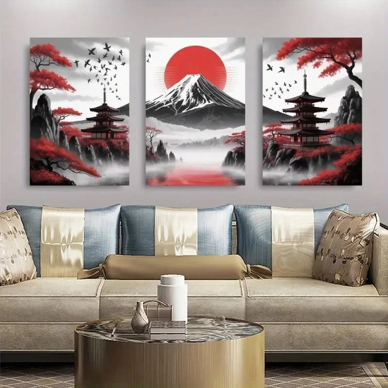 3pcs Red Sun, Mount Fuji, Japanese Pagoda Wall Art Set Canvas Framed 60x90cm - High Quality Print 100% Australian Made Wall Canvas Ready to Hang
