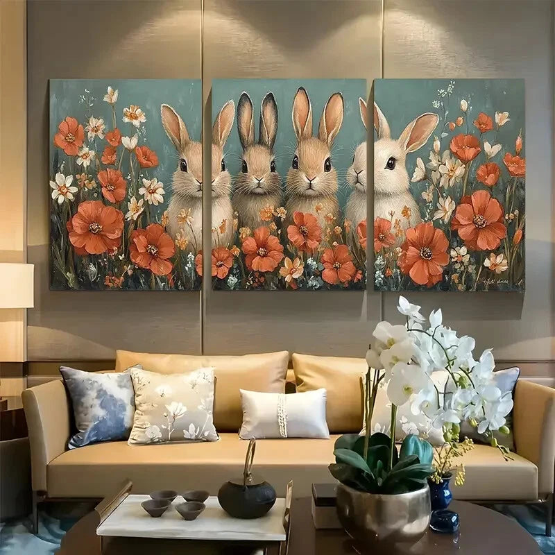 3pcs Whimsical Bunny Rabbit Family with Florals Metal Print Ready to Hang Art