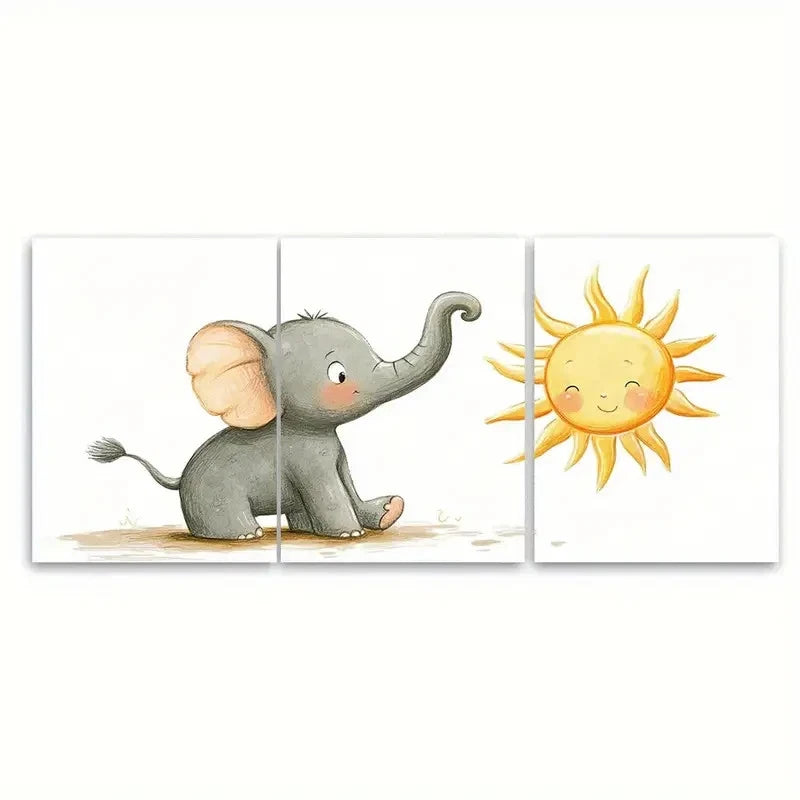 3pcs Babar Elephant doing Yoga Sun Salutation Wall Art Set Canvas Framed 40x60cm - High Quality Print 100% Australian Made Wall Canvas Ready to Hang - Bella Home Decor