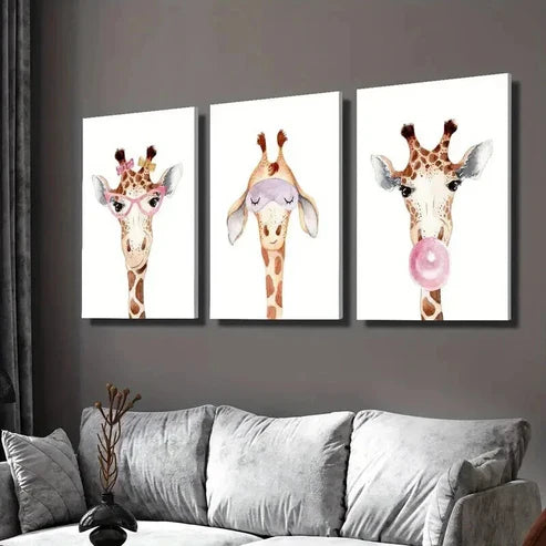 3pcs Giraffe Wearing Glasses Blowing Bubbles Wall Art Canvas Unframed - High Quality Print 100% Australian Made Wall Canvas - Bella Home Decor