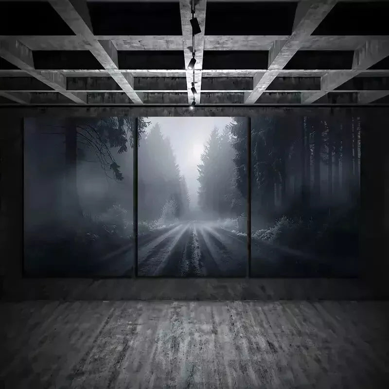 3pcs Photo of A Foggy Road in The Forest Wall Art Set Canvas Framed 50x70cm - High Quality Print 100% Australian Made Wall Canvas Ready to Hang