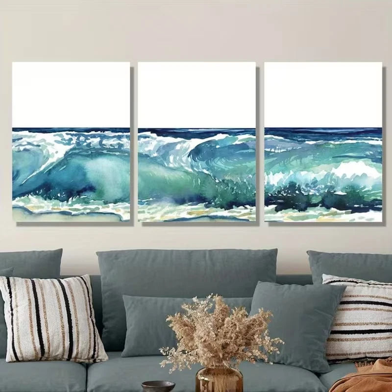 3pcs Blue Abstract Wave Metal Print Ready to Hang Art