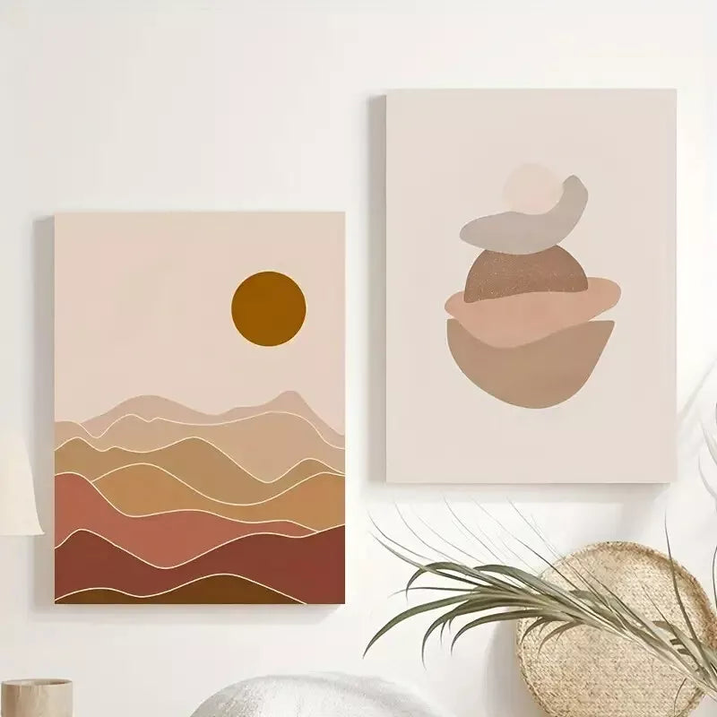 2pcs Set Beige Abstract Geometric Scenery - Framed 50x75cm - High Quality Print 100% Australian Made Wall Canvas Ready to Hang - Bella Home Decor