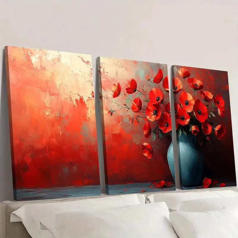 3pcs Abstract Red Flower Vase Bouquet Design HJ Wall Art Set Canvas Framed 60x90cm - High Quality Print 100% Australian Made Wall Canvas Ready to Hang - Bella Home Decor