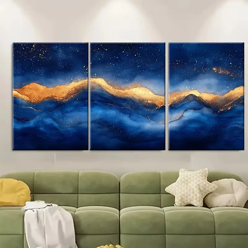 3pcs Contemporary Blue Golden Watercolor Metal Print Ready to Hang Art