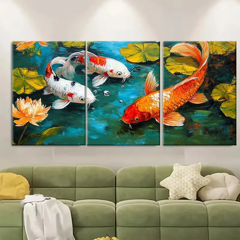 3pcs Koi Fish Painting Metal Print Ready to Hang Art