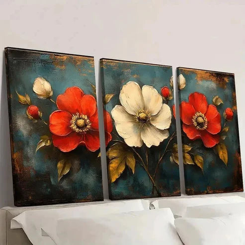 3pcs Rustic Wildflower Design in Red Wall Art Set Canvas Unframed - High Quality Print 100% Australian Made Wall Canvas - Bella Home Decor