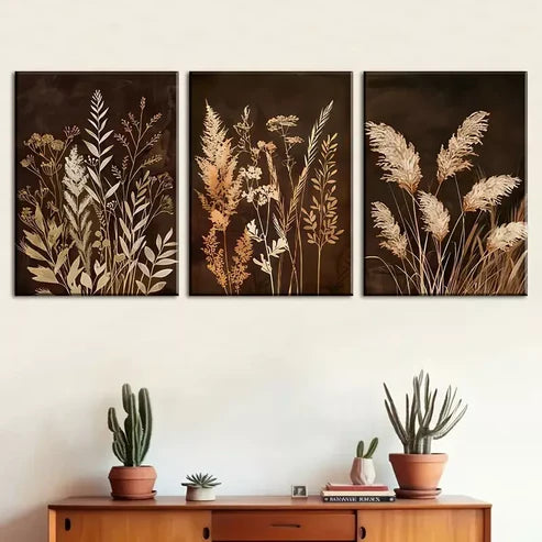 3pcs Retro style grass dry flowers Brownish Wall Art Set Wall Art Canvas Unframed - High Quality Print 100% Australian Made Wall Canvas