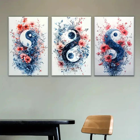 3pcs Three Paintings of Flowers and Yin Symbols Wall Art Set Canvas Unframed - High Quality Print 100% Australian Made Wall Canvas - Bella Home Decor