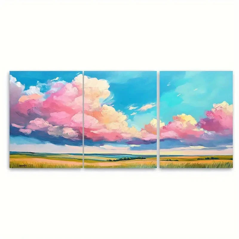 3pcs Vibrant Pink Clouds Landscape Blue Sky Wall Art Set Canvas Framed 60x90cm - High Quality Print 100% Australian Made Wall Canvas Ready to Hang