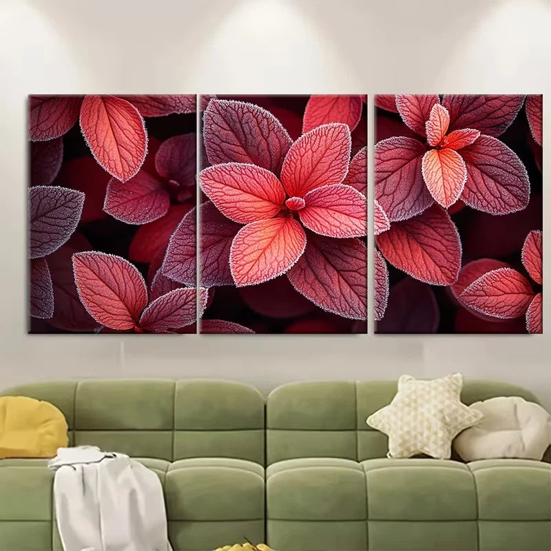 3pcs Frost Bitten Crimson Azalea Leaves Metal Print Ready to Hang Art