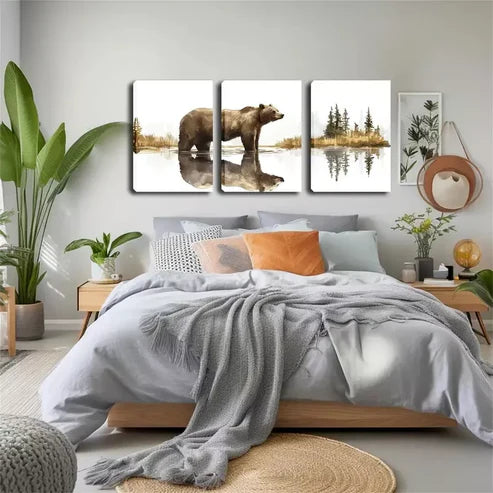 3pcs Bear Standing on The Lake Wall Art Set Wall Art Canvas Unframed - High Quality Print 100% Australian Made Wall Canvas
