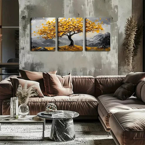 3pcs Yellow Leaf, Big Tree Wall Art Set Canvas Unframed - High Quality Print 100% Australian Made Wall Canvas