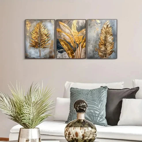 3pcs Golden Leaf & Feather Wall Art Set Canvas Unframed - High Quality Print 100% Australian Made Wall Canvas - Bella Home Decor