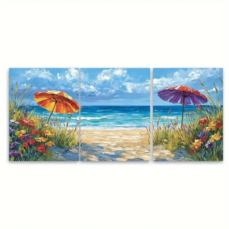 3pcs Coastal Summer Beach Day Vibrant Ocean View Wall Art Set Canvas Framed 60x90cm - High Quality Print 100% Australian Made Wall Canvas Ready to Hang - Bella Home Decor