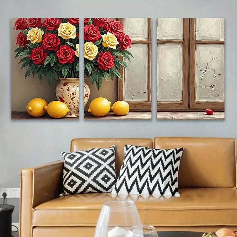 3pcs Red And Yellow Roses With Lemons Wall Art Set Canvas Framed 60x90cm - High Quality Print 100% Australian Made Wall Canvas Ready to Hang
