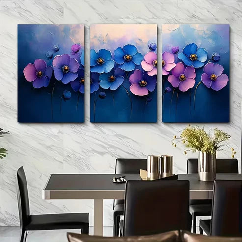 3pcs Purple Blue Spring Flower Bouquet Wall Art Set Canvas Framed 60x90cm - High Quality Print 100% Australian Made Wall Canvas Ready to Hang