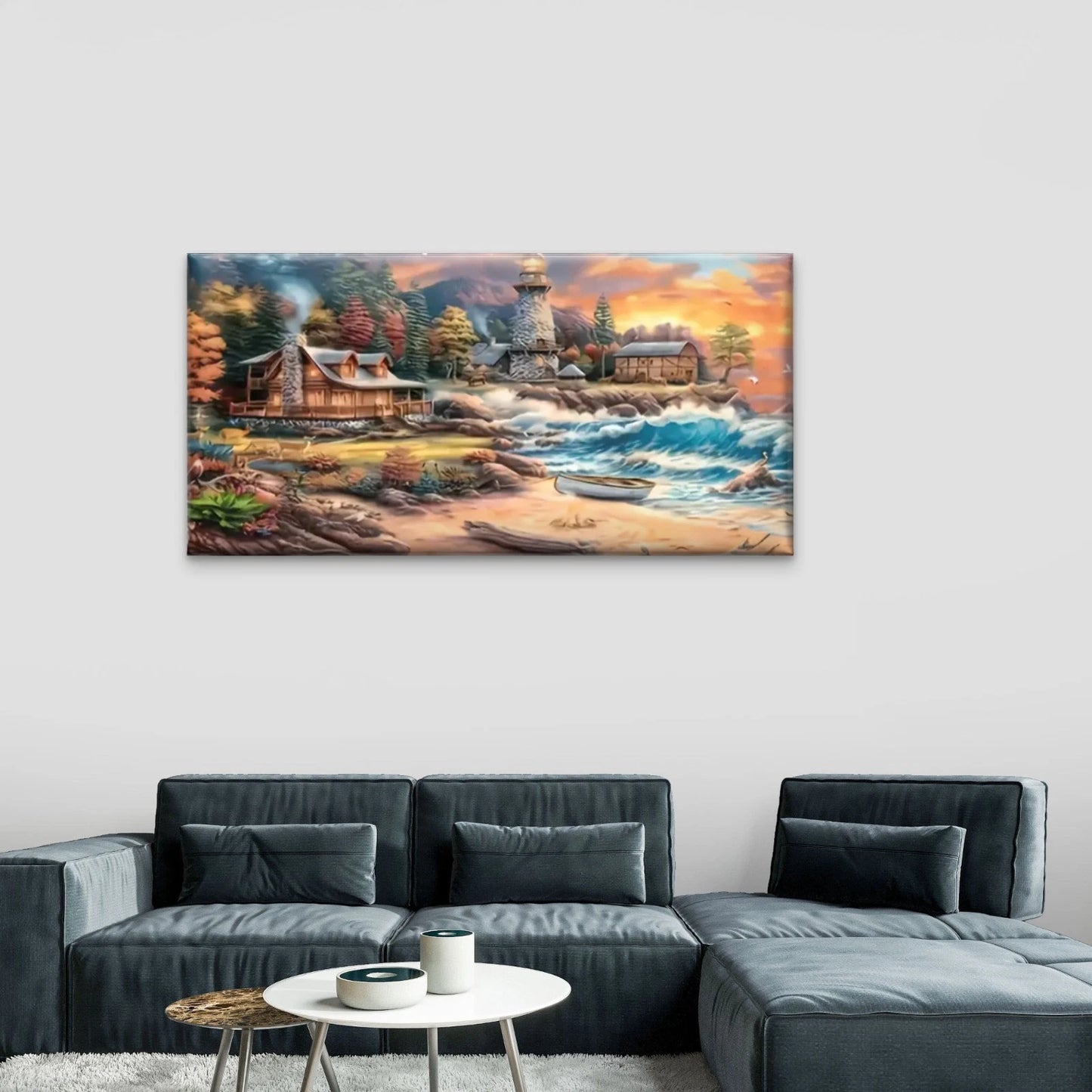 Beach Scene Lighthouse Boat Wall Art Canvas Office Home Room Framed 120x60cm