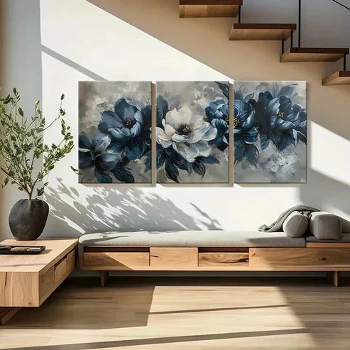 3pcs Elegant Blue & White Floral Decoration Wall Art Set Canvas Unframed - High Quality Print 100% Australian Made Wall Canvas