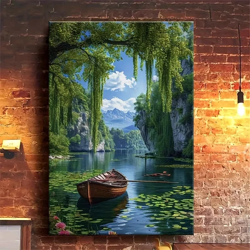 Serene Lake with Rowboat and Willows 60x90cm Metal Print Ready to Hang