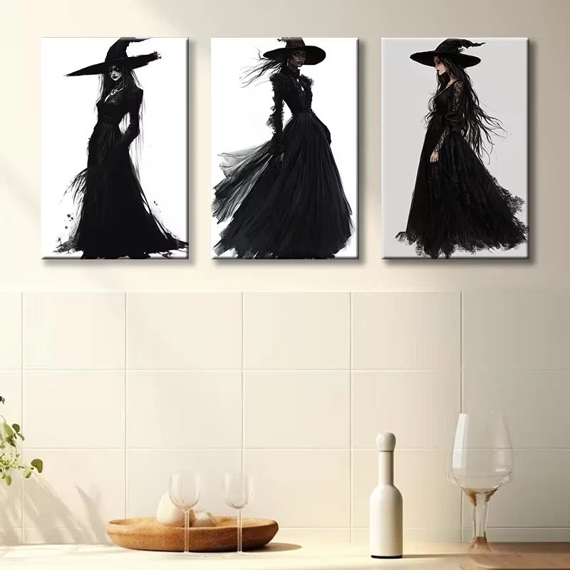 3pcs Elegant Black Witch Wall Art Set Canvas Framed 50x70cm - High Quality Print 100% Australian Made Wall Canvas Ready to Hang