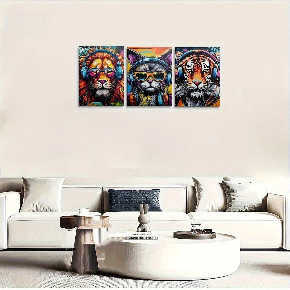 3pcs Vibrant Graffiti Animals Lion and Tiger Metal Print Ready to Hang Art