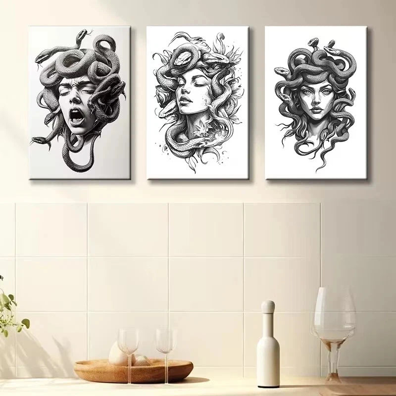 3pcs Medusa Head Mythical Gorgon Portraits Wall Art Set Canvas Framed 60x90cm - High Quality Print 100% Australian Made Wall Canvas Ready to Hang