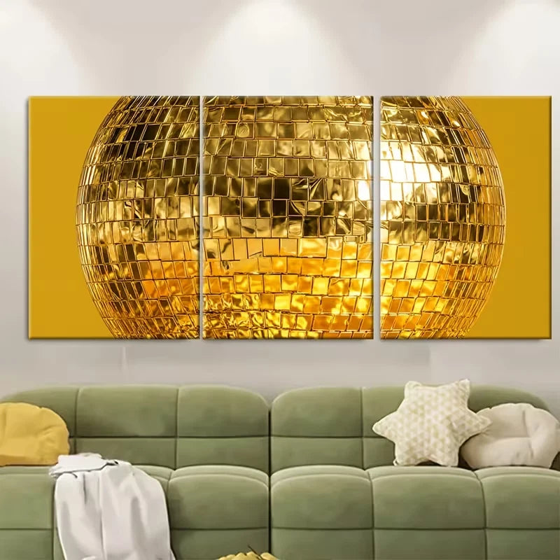 3pcs Golden Retro Disco Ball Metal Print Ready to Hang Art
