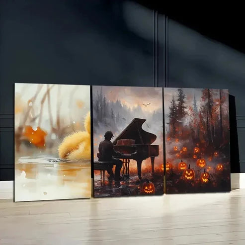 3pcs Set of three Spooky Ghoul Playing Piano Wall Art Set Canvas Unframed - High Quality Print 100% Australian Made Wall Canvas