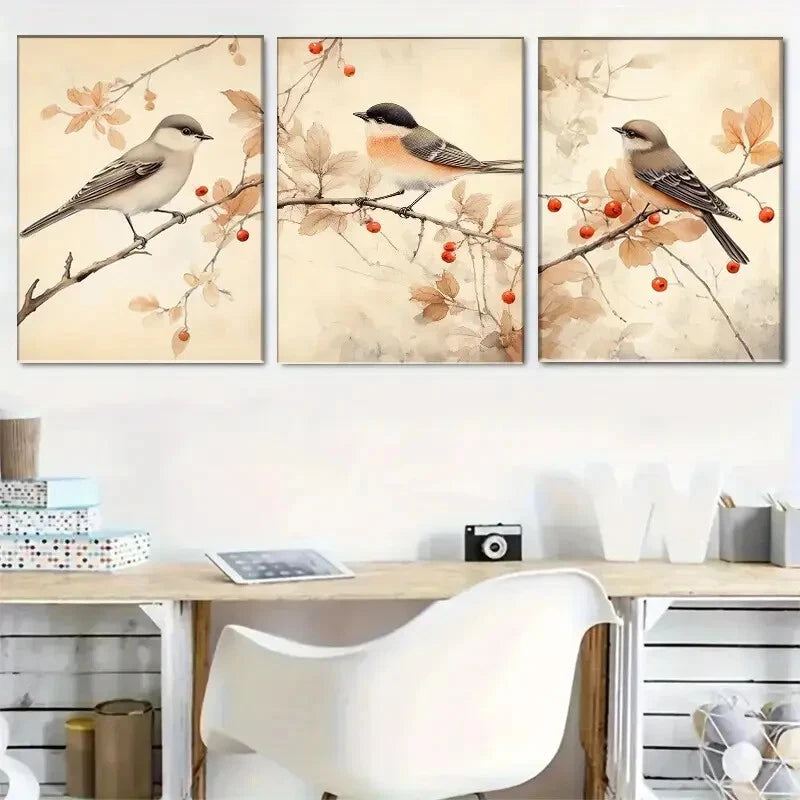 3pcs Birds Among Autumn Branches Artwork Metal Print Ready to Hang Art