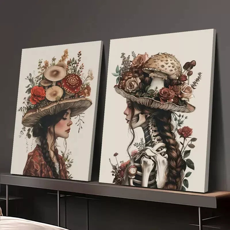 2pcs Mushrooms & Flowers, Skull, Mysterious Style, Oil Painting Canvas Framed 50x75cm - High Quality Print 100% Australian Made Wall Canvas Ready to Hang - Bella Home Decor